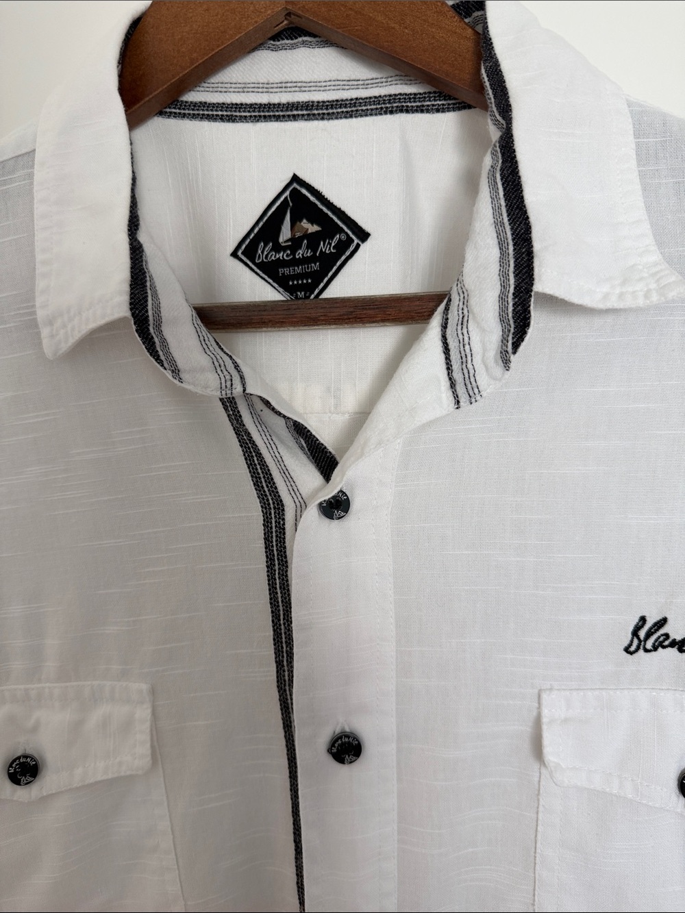 Blanc du Nil Men's White Casual Button-Down Shirt with Black Trim